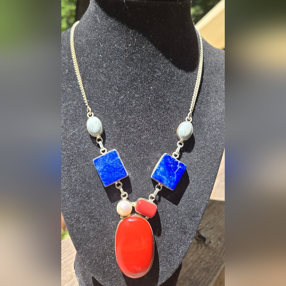 Red Turquise Coral Pearl Blue Lapis Larimar Geometric Sterling Necklace 18" - Picture 3 of 7
